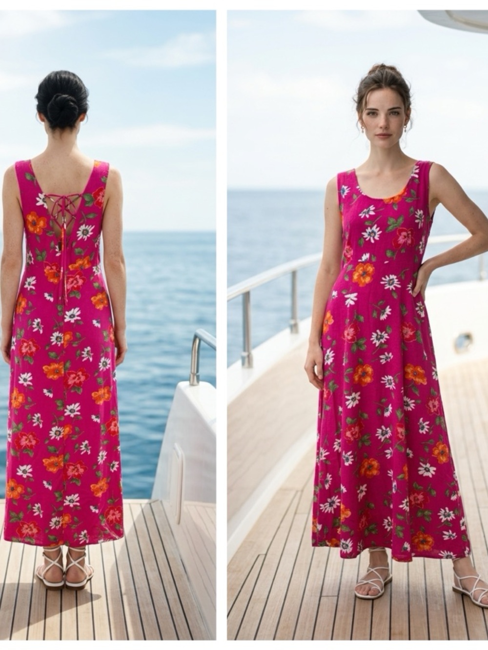 Um & Company Women Sz 7/8 Tieback   Zip Fuchsia Floral Sleeveless Maxi Dress